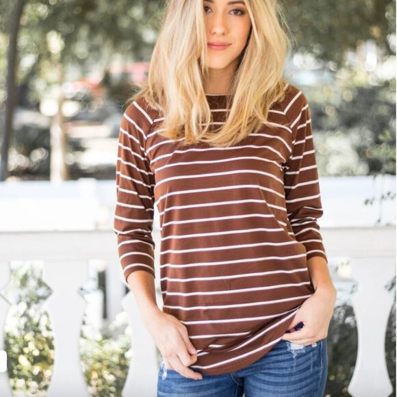 Tickled teal Tops - Tickled Teal 3/4 Sleeve Brick Brown Striped Ella Tunic Shirt